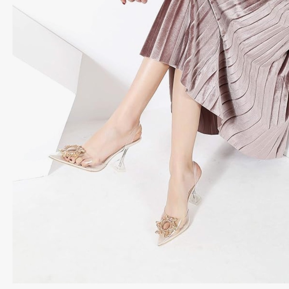 Transparent Point Toe Slingback Pump with Rhinestone Embellishment - Picture 3 of 16